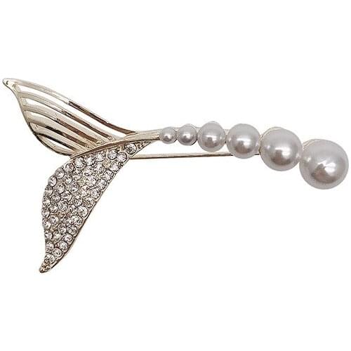 Korean pearl fishtail brooch with diamond, personality pin, fashion, net red, simple collar button, anti light accessories