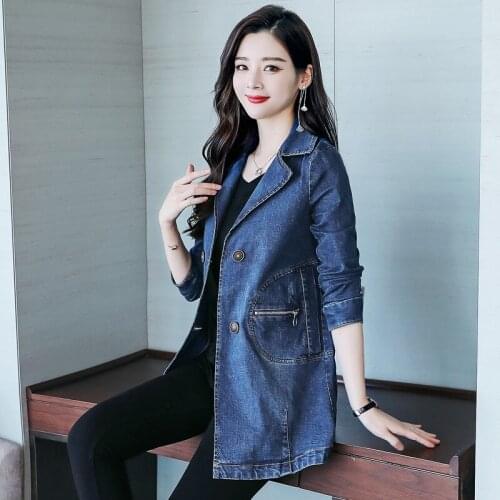 Spring New Denim Coats Women Korean Fashion Slim Fit Lapel Mid Long Jeans Jackets Windbreaker Office Lady Casual Clothes