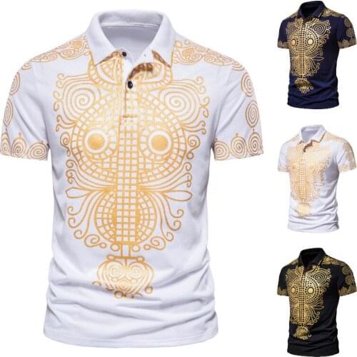 2021 New Summer High Quality Mens Gold Print Lapel Slim National Style Short Sleeve Mens POLO Shirt