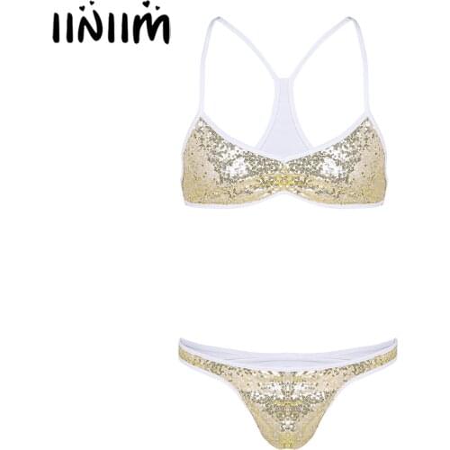 Mens Gay Lingerie Shiny Sequins Sissy Panties Spaghetti Strap Cross Back Slip Hommes Bra Top with Briefs Underwear Underpants