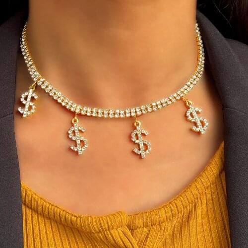 Caraquet Personality Full Rhinestone Dollar Sign Pendant Necklaces For Women Gold Silver Color Double Crystal Choker Jewelry