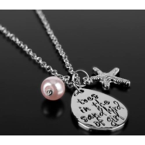 Toes in the sand kind of girl Engraved Water Drop Pendant Necklace With Starfish Charm Beach tarvel girl chain Jewelry