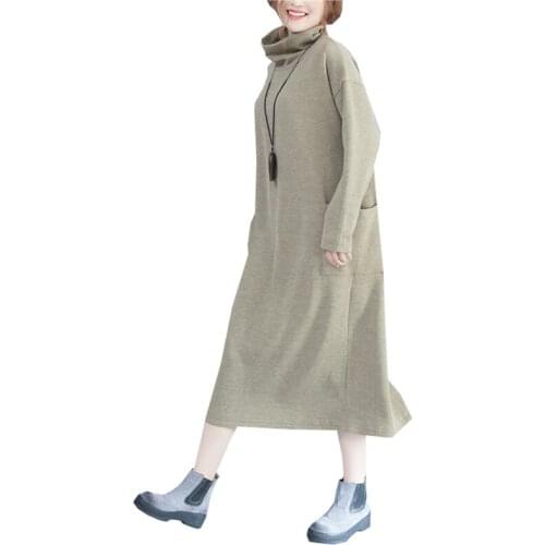 Plus size womens dress autumn winter new knitted dresses ladies thickened high collar was thin over the knee loose long dresses