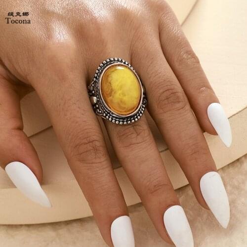Tocona Luxury Opeal Stone Single Ring for Women Ancient Silver Color Joint Ring Carving Geimetric Wedding Ring Jewelry 13704