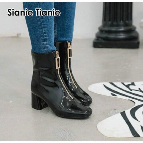 Sianie Tianie patent PU leather 2020 winter woman boots red black zipper front martin boots square chunky high heels women boots