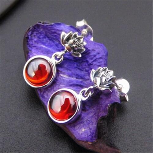 BESTLYBUY 100% Real 925 Sterling Silver Garnets Earrings Retro Lotus Flower Vintage Stud Earrings for Women High Quality aretes