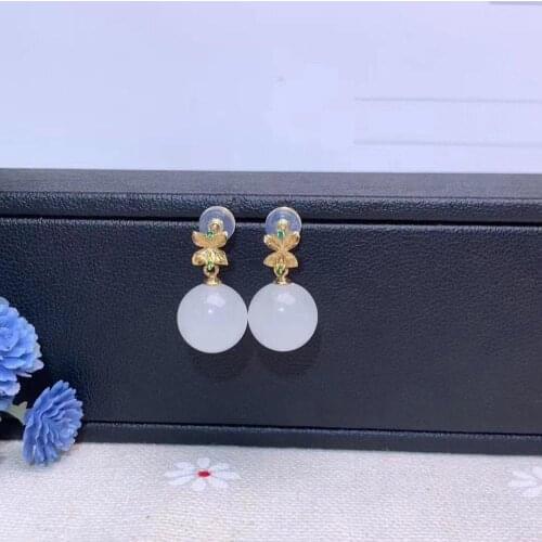 SHILOVEM 18k yellow gold real Natural white Jasper drop earrings classic fine Jewelry women wedding gift 10*10mm myme1010668hby