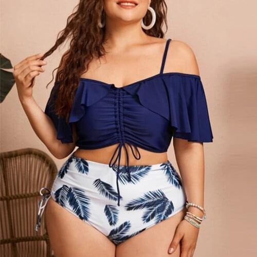 Off Shoulder Ruffle Plus Size Bikini For Women Push Up Padded Large Size Swimsuit Adjustbale Laced Up High Waisted Swimwear 4XL