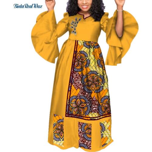 Bazin Riche Long Party Evening Dresses Women African Ruffles Sleeve Dresses for Women African Clothing Print Leaf Dresses WY3985