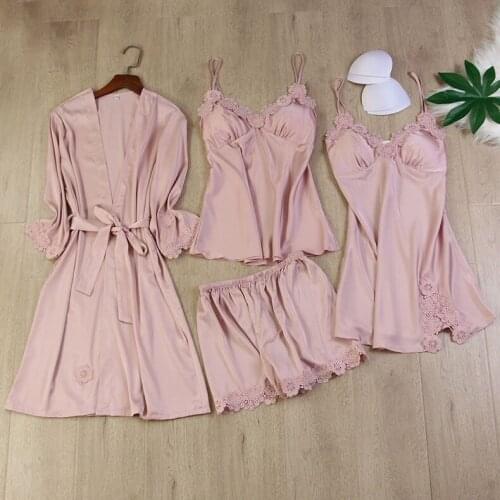 4 Piece Pajamas Set Sexy Lace Stain Women Pajamas Faux Silk Dressing Gown Lace Summer Robe Sleepwear With Chest Pads