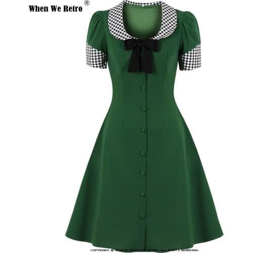 50s 60s Vintage Square Collar Retro Dress Robe Femme VD2060 Short Sleeve Christmas Party Green Dresses 2021