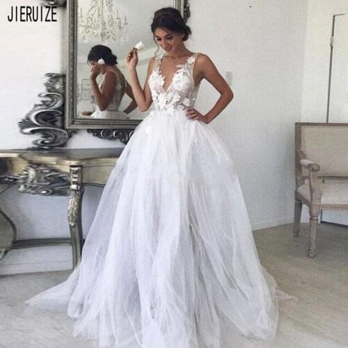 JIERUIZE White Beach Wedding Dresses V Neck Sleeveless Sexy Backless A Line Tulle With Flowers Bridal Gowns Vestido De Noiva