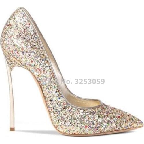 ALMUDENA Bling Bling Red Silver Colorful Sequined Wedding Shoes 12cm Metal Thin High Heels Banquet Shoes Shining Paillette Pumps
