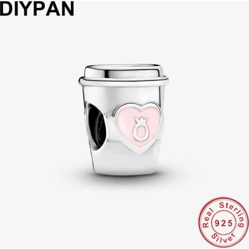 Fit Original Pandora Charms Bracelet 925 Sterling Silver Pink Heart Coffee Cup Charm Bead Fashion Jewelry Women DIY Berloque