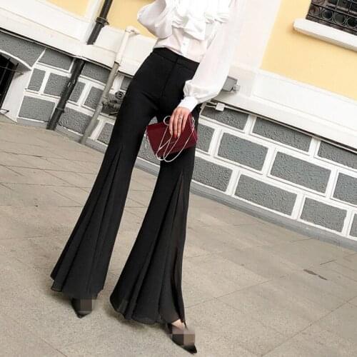 Fashion Korean Summer New Brand Womens Full Length Big Flare Pants High Waist Ruffles Slim Office Ladies Trousers Streetwear