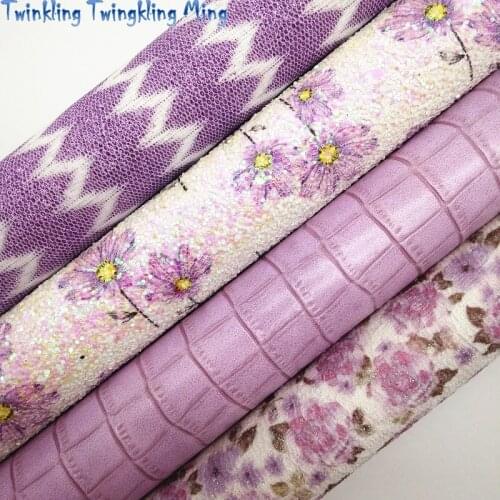 Purple Flowers Printed Glitter Fabric, Crocodile Synthetic Leather, Arrow Lace Glitter For Bow A4 21x29CM Twinkling Ming KM082