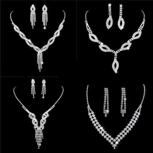 Hiny Full Rhinestone Bridal Jewelry Necklace Earring Sets for Women Luxury Crystal Wedding Stud Earrings Necklace Accessories
