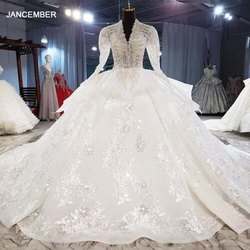 HTL2021 Luxurious Sexy V-Neck Crystal Beading Sequined Wedding Dress 2021 For Woman Ball Gowns Long Sleeve