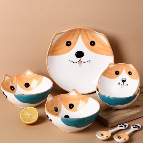 Ceramic Underglaze Cartoon Tableware Plate Household Animal Baby Breakfast Childrens Bowl Shiba Inu Set Aparelho De Jantar