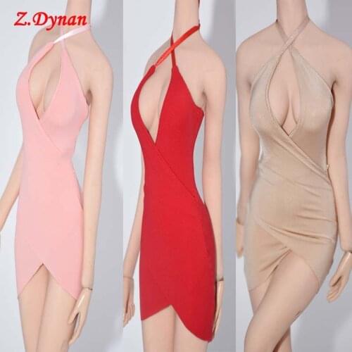 1/6 Scale Female body model sexy red pink beige dress Two ways to wear Ice silk Sling dress fit 12 inch action figure Big chest