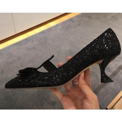 Moraima Snc Black Glitter Embellished High Heel Shoes Woman Sexy Wedding Heels Butterfly-knot Deorations Party Dress Shoes