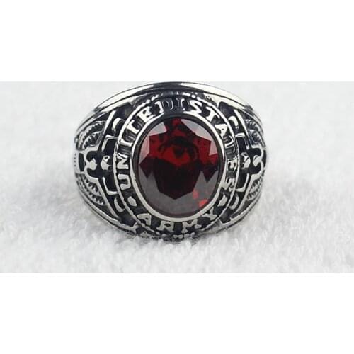 Red CZ Crystal Mens Stainless Steel United States Military Army Ring