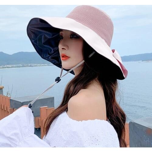 Women Bucket Hat Black Vinyl Sun Hat Female Panama Wide Brim UV Protection Bow Fashion Beach Fisher Hat