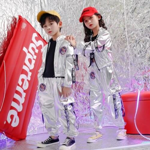 Silver Concert Hip Hop Clothing Outfits for Kids Loose Jacket Tops Pants for Girls Boys Dance Costume Wear Ballroom Clothes Wear