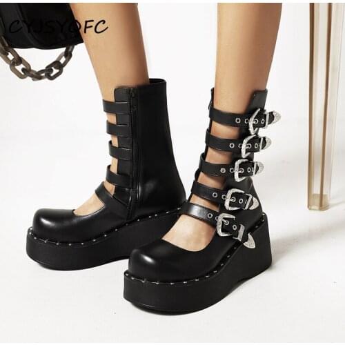 CYJSYQFC Punk Goth Demonia Platform Boots Women Round Toe Buckle Strap Hollow Out Rubber Sole Wedges Lady Boots Plus Size 34-43