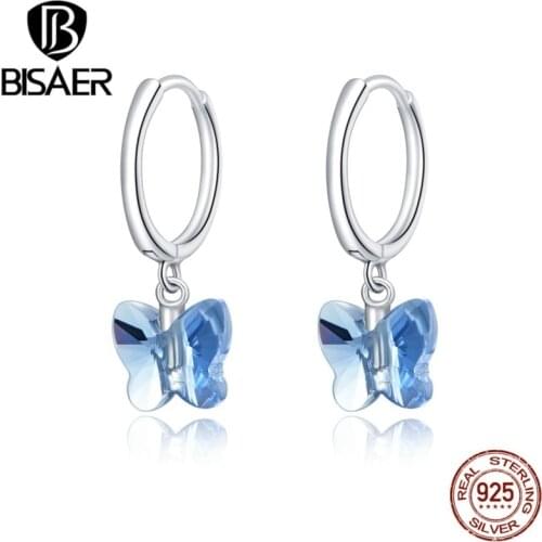 BISAER Simple Silver Earrings 925 Sterling Crystal Butterfly Women Stud Earrings Female Classic S925 Fine Jewelry Gift ECE959