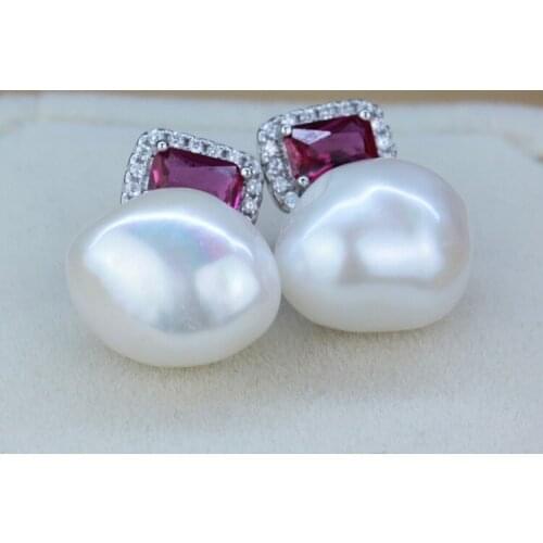 Women Gift word 925 Sterling silver real Natural special-shaped Pearl Stud Earrings, 13-14mm big Baroque Baroque 925 Sterling Si