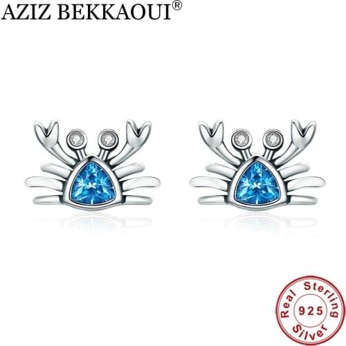 AZIZ BEKKAOUI Genuine 925 Sterling Silver Blue Crab Stud Earrings Cute Clear CZ Silver Earrings for Women Fashion Jewelry Gift
