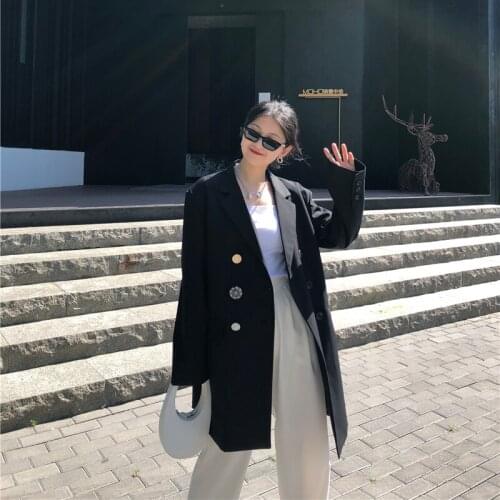 Korean Women Black Blazer Turndown Collar Long Sleeve Loose Jacket Casual Fashion Double Breasted Spring Autumn 2021 Ladies Coat