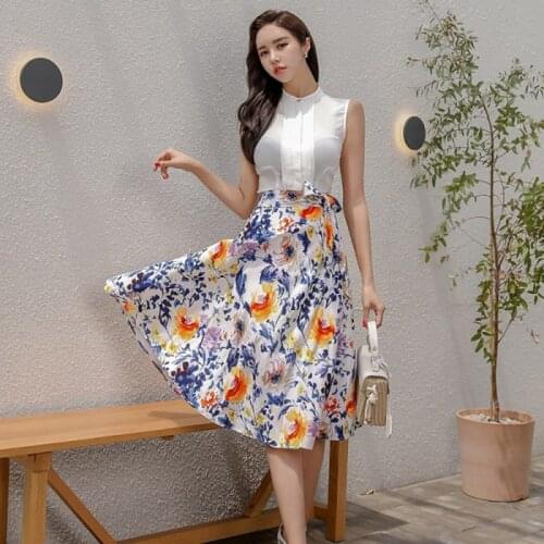 2020 Summer Women 2 Piece Skirt Set Outfit Off Shoulder Flare Sleeve Chiffon Flower Shirt Top and High Waist Split Pencil Skirt