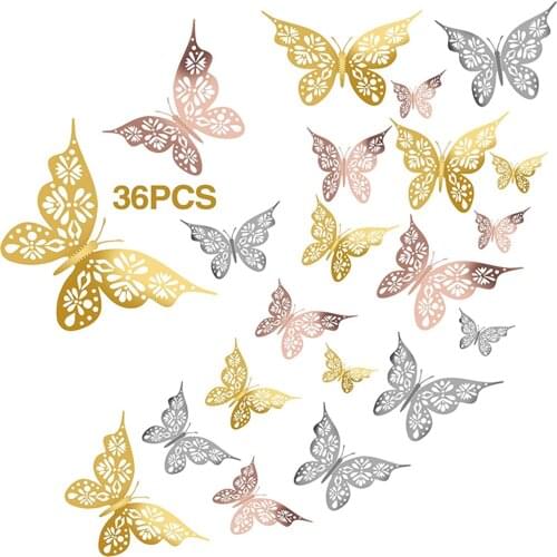 36Pcs 3D Butterfly Wall Stickers 3 Sizes Butterfly Mural Decals Stickers Removable Hollowed-Out Metallic Butterfly Wall Decors