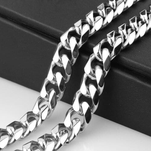 8"-40" Mens Chain Necklace & Bracelet Fashion 15mm Silver Color Stainless Steel Link Cuban Curb Chain Necklace For Neck Jewelry