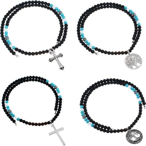 Life Tree Cross Pendant Necklace Stainless Steel Lucky Christian Jewelry For Mens Womens 10MM Glass Beaded Necklace