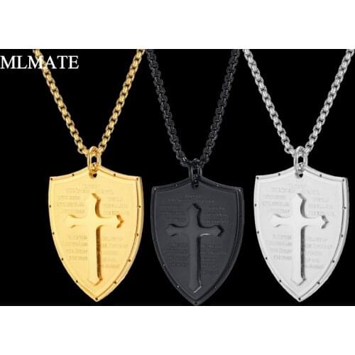 Men Women Christian Shield Pendant Necklaces Stainless Steel Black Gold Colour Chain Cross Necklace