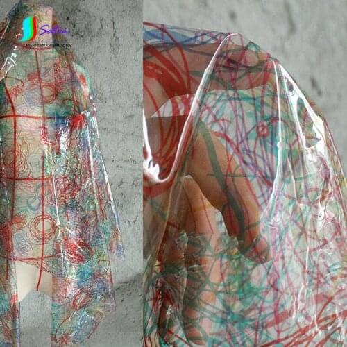 Color Line Graffiti Printing Ultra Transparent TPU Film Perspective Raincoat Fabric Graduation Dress Design Fashion Diy Fabric