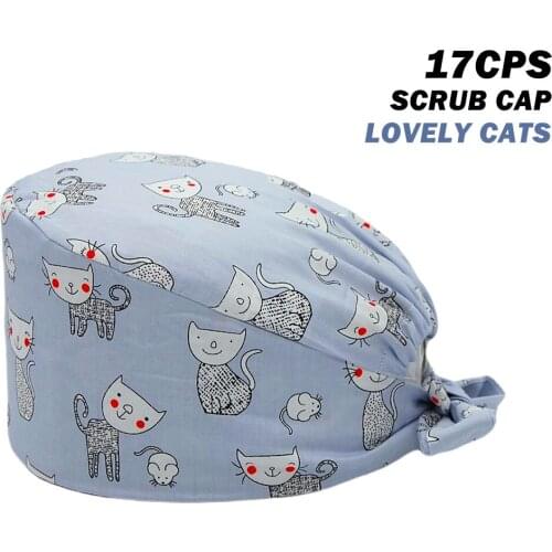 Unisex Cats Printing Surgicals Cap Operating Room Workers Adjustable Working Nursing Hats Beauty Salon Fashion Scrub Caps Cotton