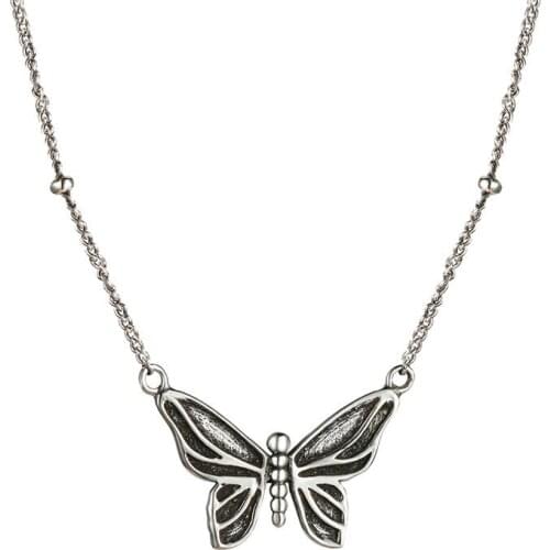 Dainty Female Black Enamel Pendant Necklace Charm Sterling Silver Chain Necklaces For Women Vintage Butterfly Wedding Necklace