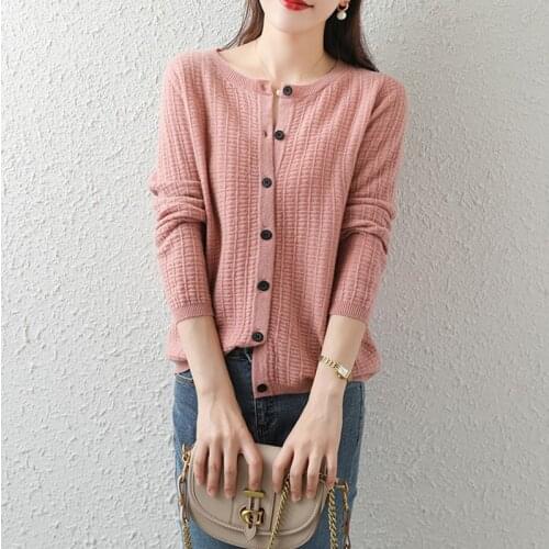 Tops Women 2021 Long Sleeve Knitted Cardigan O Neck Single Breasted Pink Casual Knitting Soild Woman Sweater Femme Sueter Mujer