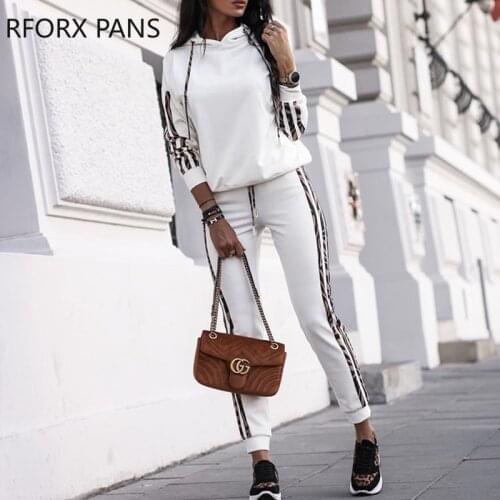 Striped Drawstring Design Hooded Top & Casual Pant Sets