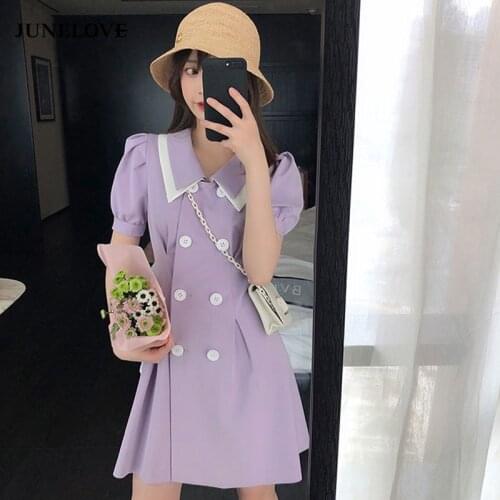 Korean Summer A-Line Dress Vintage Elegant Double Layer Collar Sweet Puff Sleeve Dress Double Breasted Solid Slim Dress Vestidos