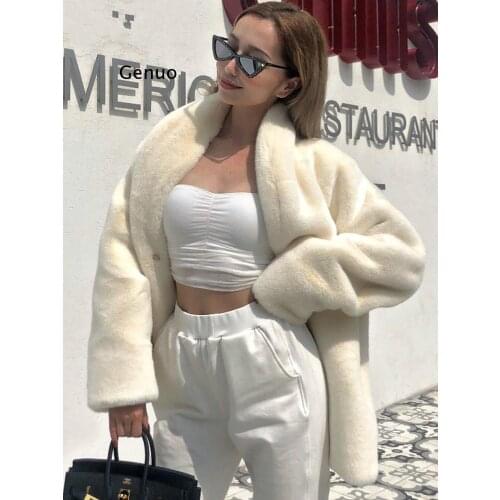 Winter White Oversized Warm Faux Fur Jacket Women Shawl Collar Raglan Long Sleeve Fluffy Coat Korean Fashion Clothing