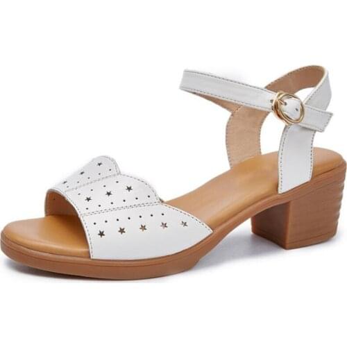 Summer Hot 2020 Newest Top Cowhide Hollow Fashion Leather Sandals Soft Comfort High Heel Sandals Cool Breathable Women Sandals