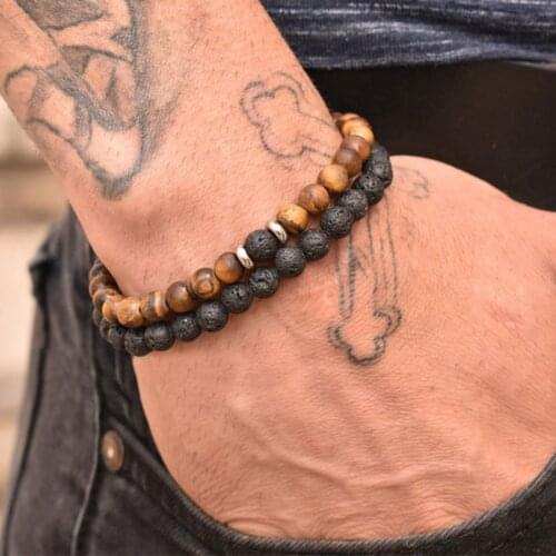 2pcs/set Fashion Men Bracelet Natural Stone Tiger Eye Lava Bead Bracelet for Men Women Jewelry Gift Classic Pulsera Hombre