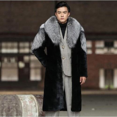 Autumn fur leather coats mens faux mink fur leather jackets men trench coat loose warm long clothes winter thicken black grey