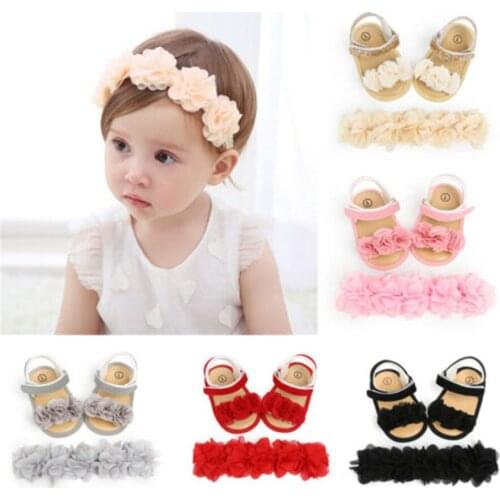 Newborn Kid Baby Girl Leather Flower Sandals Casual Crib Shoes First Prewalker with Headband