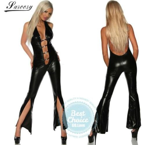 Sexy Lingerie for women Black Golssy PU Leather Adjustable Open Cup Bra Bodysuit sexy Backless Detail Halter Style Plus Size